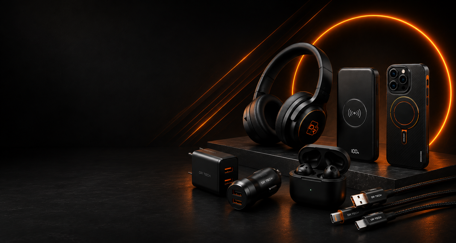 DR TECH headphones, power bank, phone case, earbuds, chargers and cables